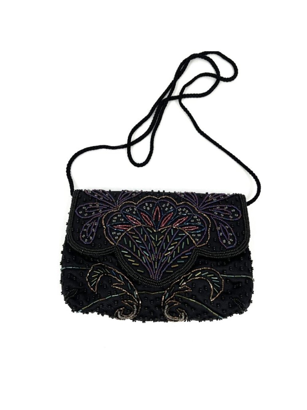 Vintage Carla Marchi Black Beaded Floral Evening Bag Satin Cord Strap Crossbody